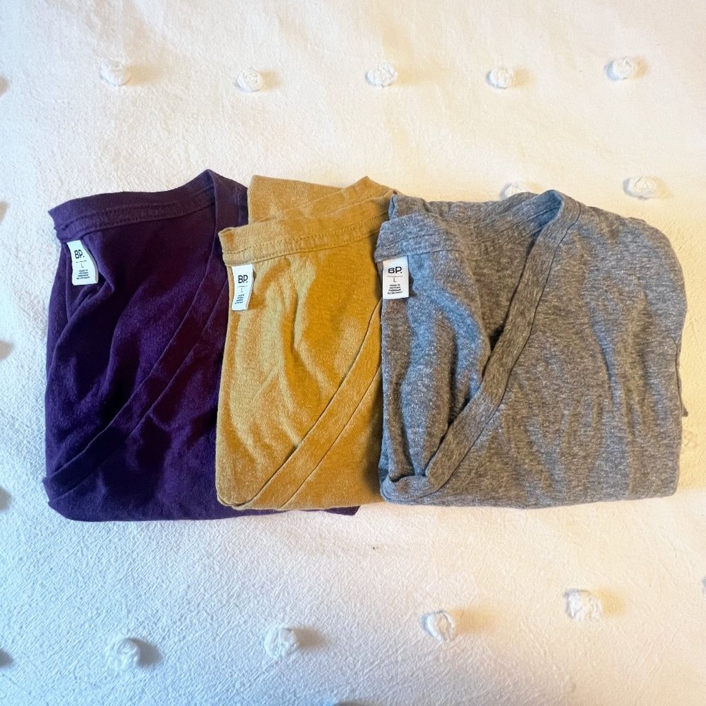 BP. V-Neck Short-Sleeved Tee Shirt, Set of 3 in Grey, Purple & Yellow, L